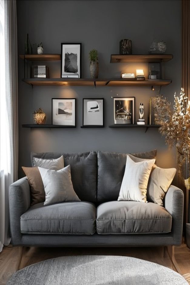 A cozy living room featuring a dark gray sofa Above it two sleek floating shelves are installed showcasing a mix of smal