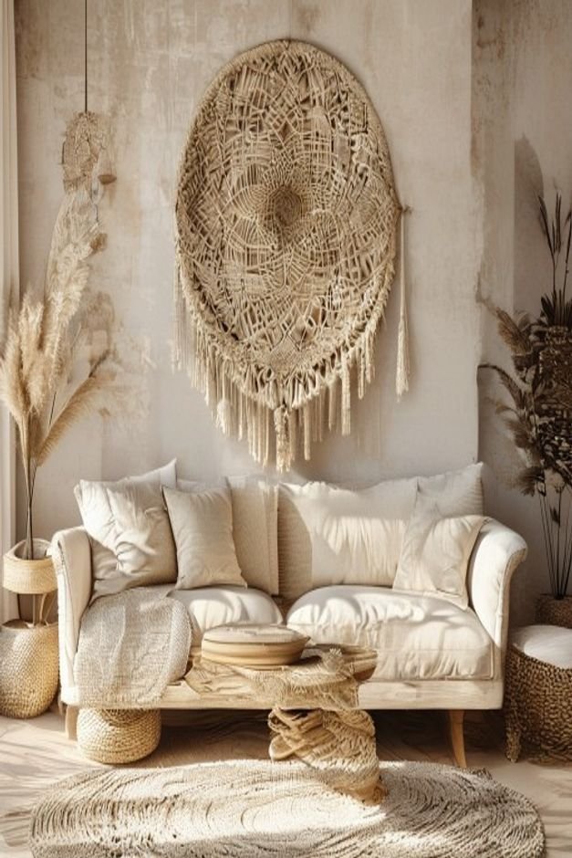 A bohemian-inspired living room with a cream-colored woven sofa Above the sofa a large intricate macrame wall hanging wi