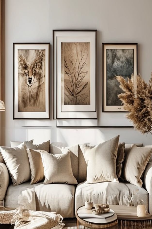 A close-up of three framed art prints hanging above a sofa demonstrating thoughtful framing One print has a wide natural