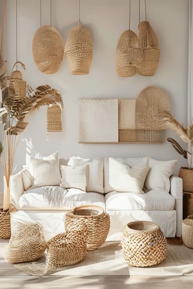 A contemporary living room with a light-colored sofa Above it a collection of woven baskets in varying sizes and natural