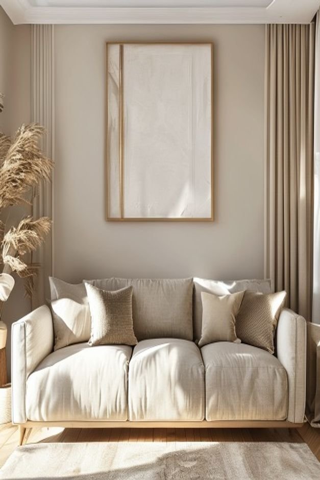 Editorial home photo for The Finishing Touch on Above Sofa Wall Decor, natural light, realistic styling, no text overlay