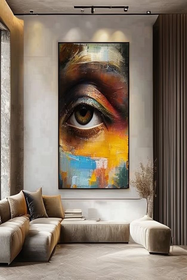 A close-up eye-level shot of a large commanding abstract canvas art piece approximately 60x40 inches hanging centrally a