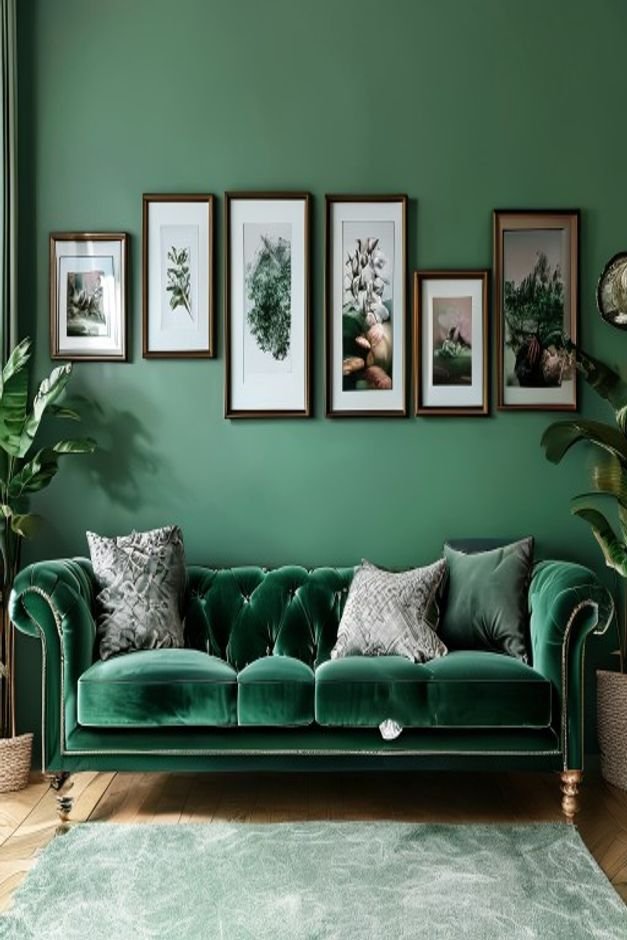A beautifully arranged gallery wall above a plush emerald green velvet sofa The wall features 7-9 framed art pieces of v
