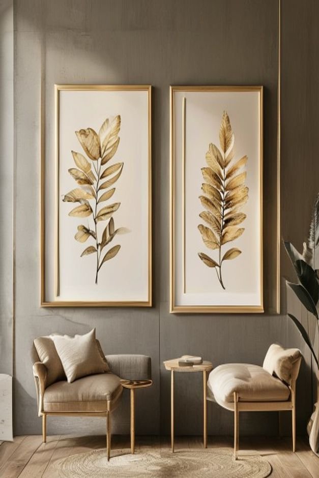 A perfectly balanced arrangement of two identical botanical prints each meticulously framed in a simple gold finish hung