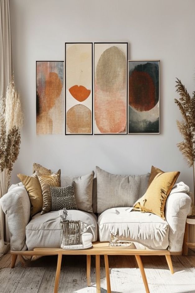 An artfully arranged asymmetrical grouping of three diverse art pieces above a relaxed linen slipcovered sofa The compos