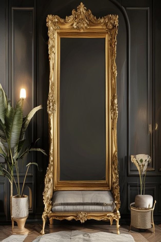 A grand antique-style gold-framed mirror approximately 5 feet wide centered majestically above a simple contemporary sof