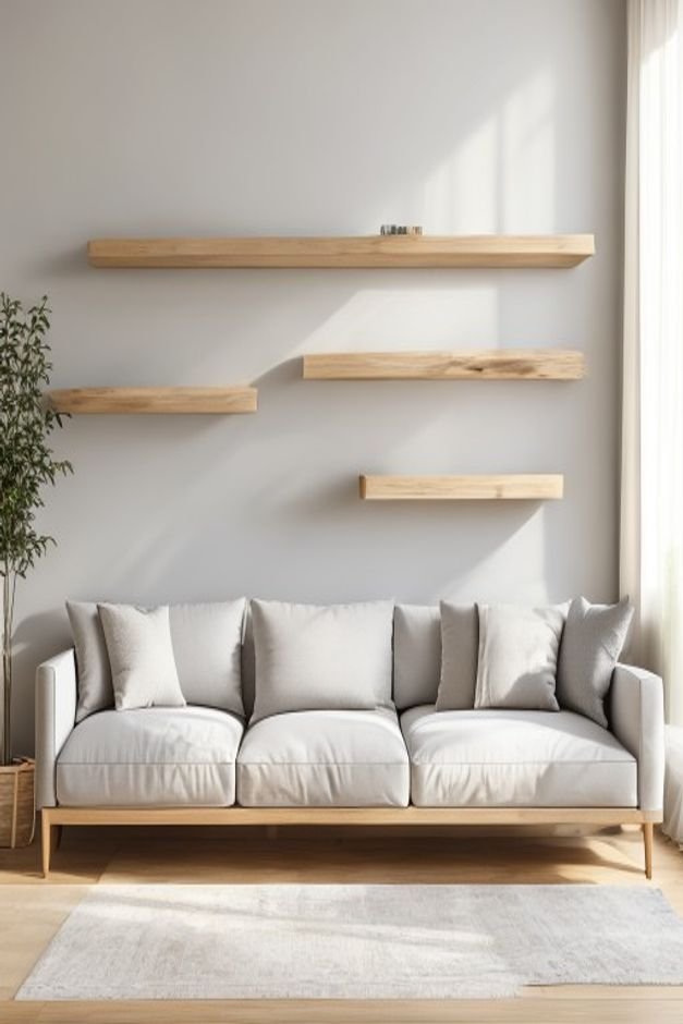 Three narrow light wood floating shelves meticulously installed to span the width of a comfortable light gray sectional