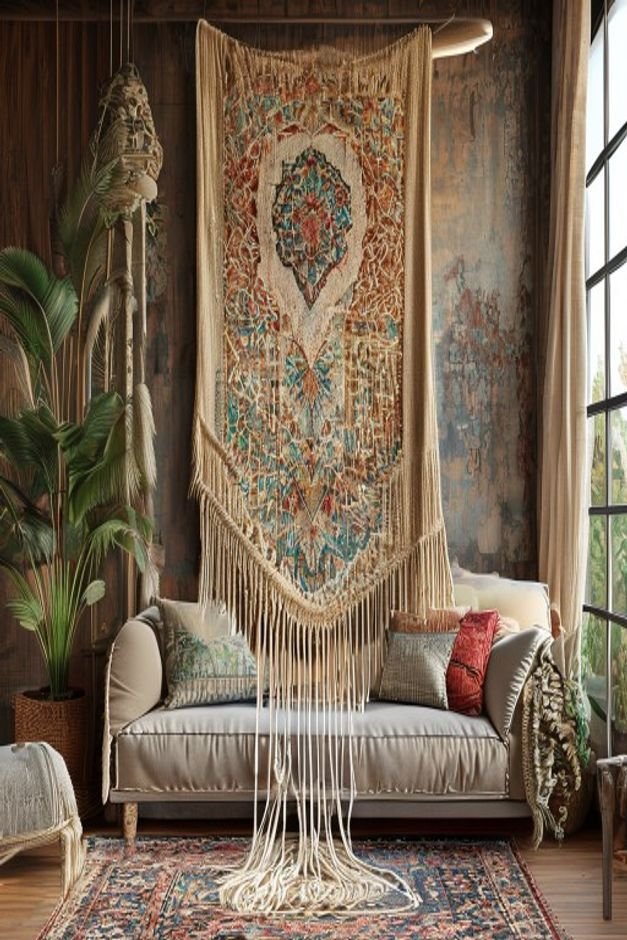 A large hand-woven macrame tapestry with intricate patterns and long flowing fringe hanging gracefully above a mid-centu