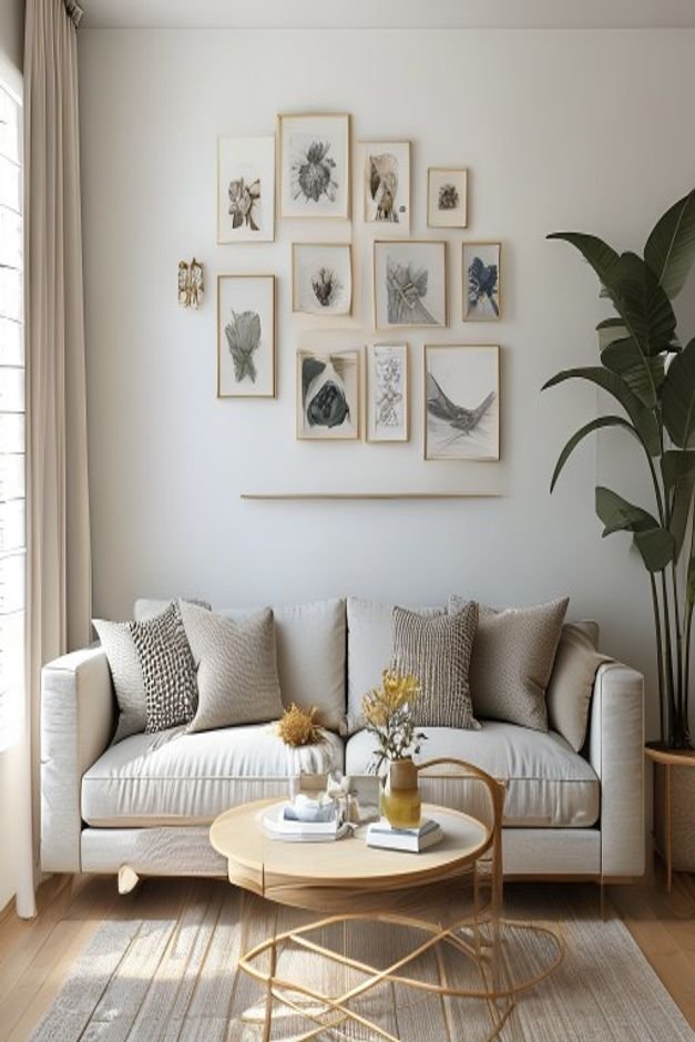 A thoughtfully styled living room vignette showcasing a perfectly scaled arrangement of above sofa wall decor The wall f