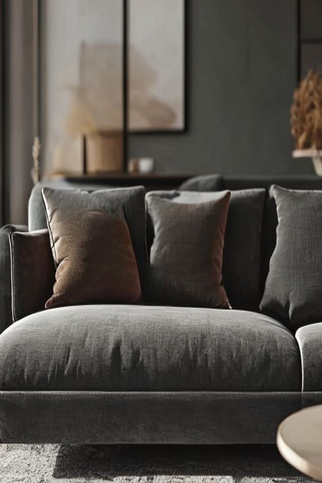 A close-up editorial shot of a modern living room sofa upholstered in a deep charcoal fabric Above the sofa a single ove