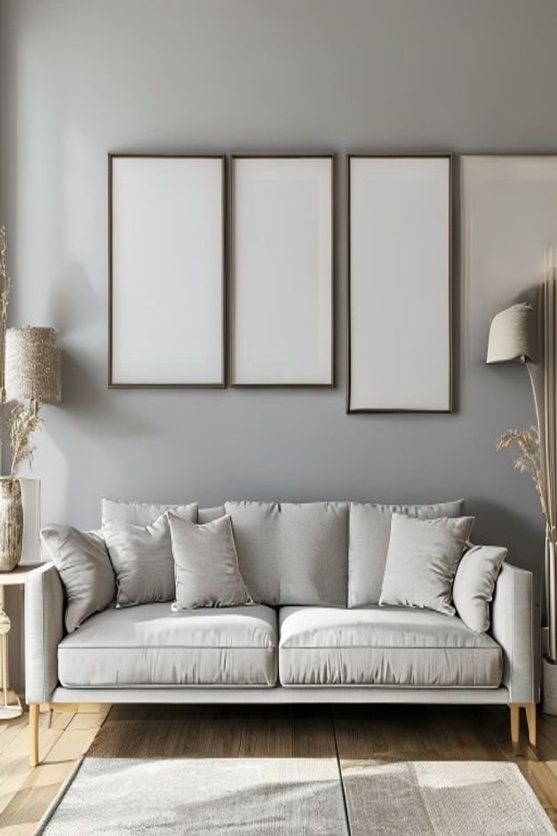 An eye-level editorial shot of a living room wall with a light gray sofa Above the sofa two identical square-framed art