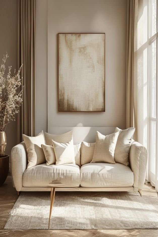 A stylish slightly off-center editorial photo of a living room featuring an ivory linen sofa Above the sofa an artfully