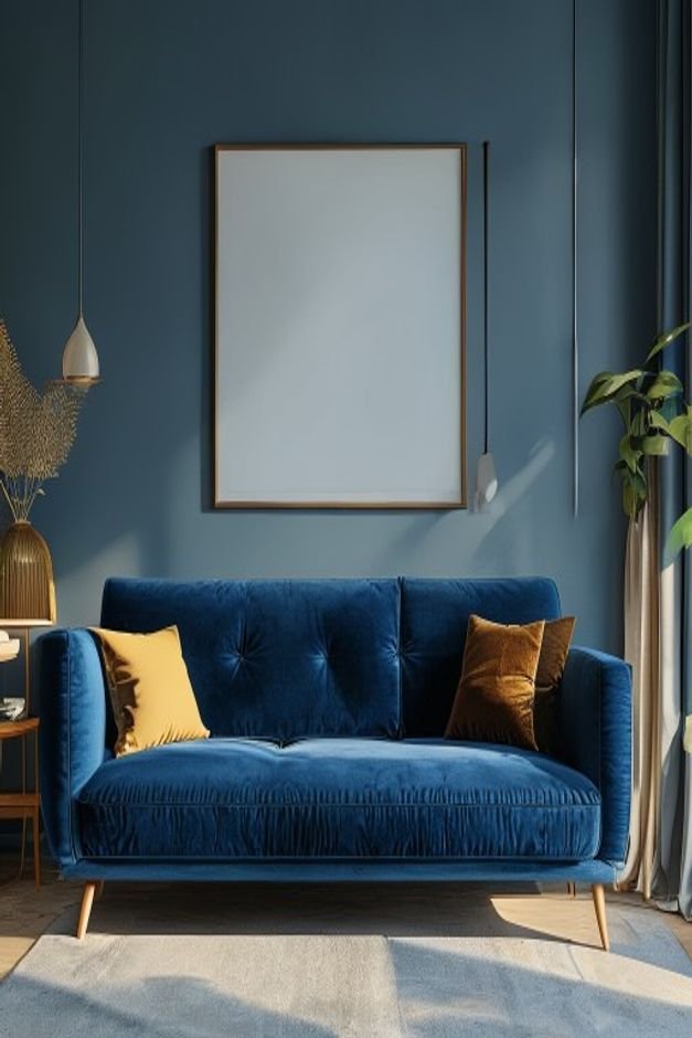 A bright editorial shot of a modern living room with a mid-century inspired sofa in a deep blue velvet Above the sofa a