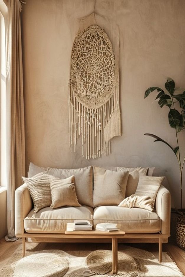 A cozy editorial shot of a living room with a warm beige sofa Above the sofa a large intricate macrame wall hanging with