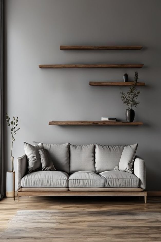 A clean functional editorial shot of a living room Behind a minimalist gray sofa a narrow dark wood floating shelf spans