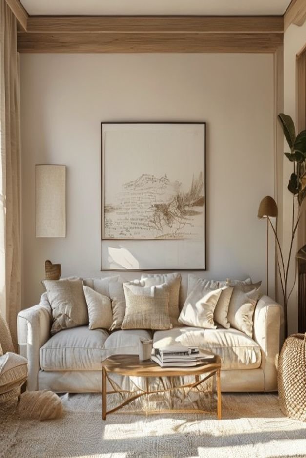 An inviting editorial shot of a family living room Above a comfortable overstuffed sofa in a light fabric a carefully cu