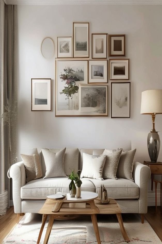 A living room vignette A well-proportioned gallery wall above a sofa featuring a mix of framed prints and a small mirror