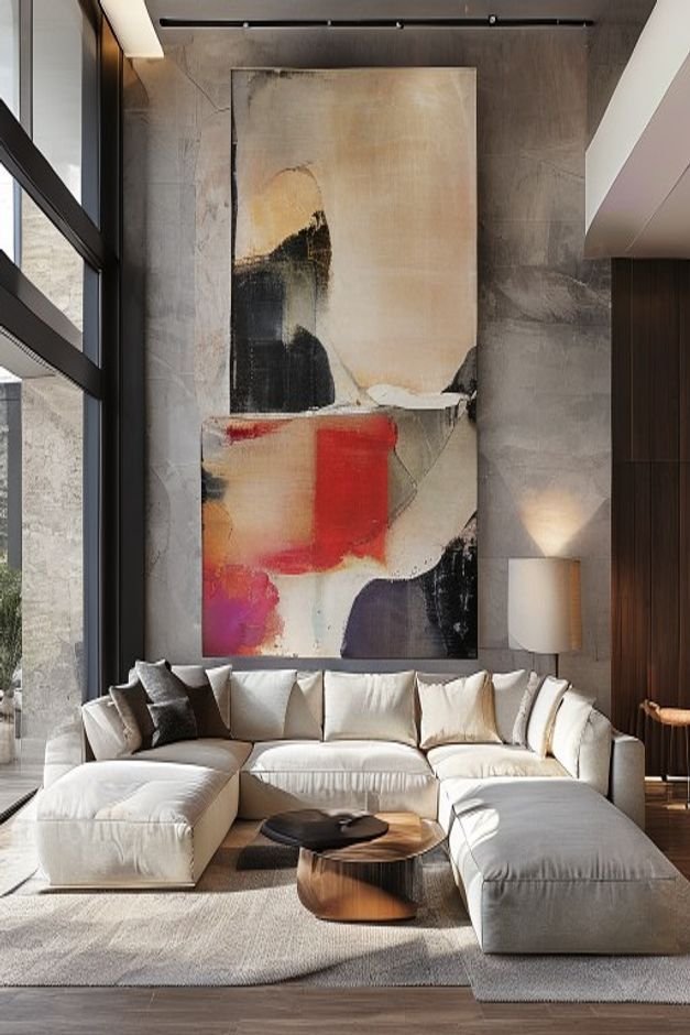 A modern living room with a spacious sectional sofa Above it a single oversized piece of abstract art dominates the wall