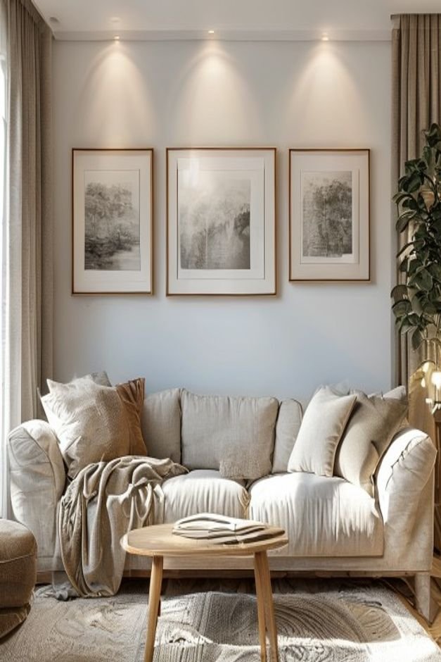 A cozy living room A medium-sized sofa with a precisely arranged triptych three identical framed prints above it The pri