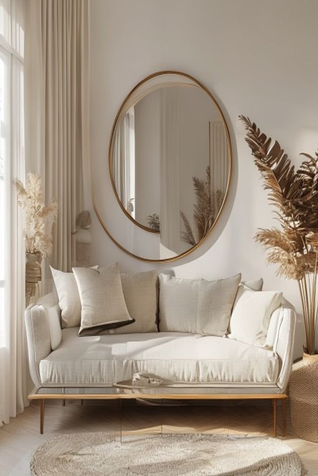 A vibrant living room with a neutral sofa Above the sofa a striking round mirror with a thin brass frame reflects natura