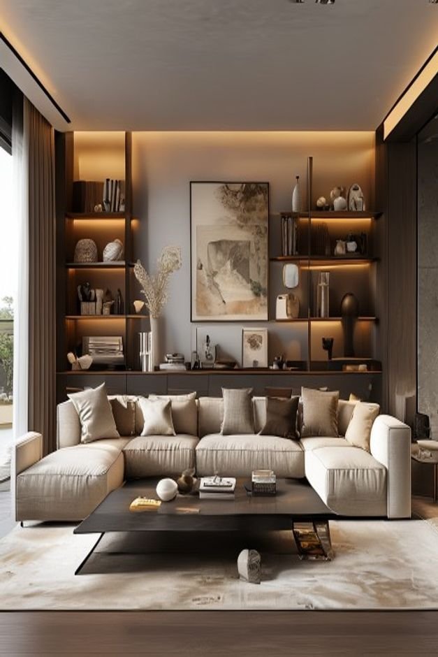 A contemporary living room featuring a long low-profile sofa Above it a carefully curated collection of varied objects a