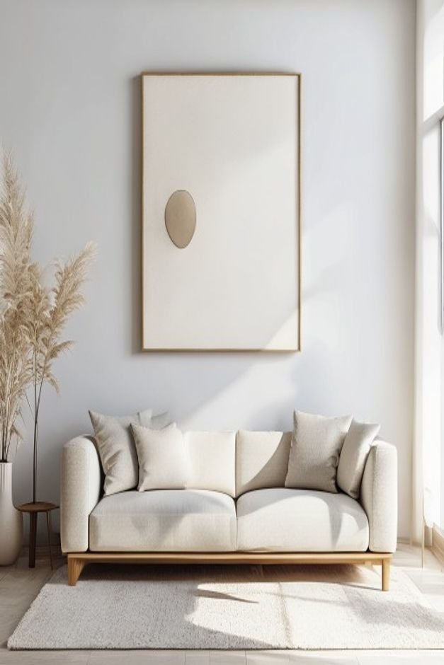 A minimalist living room A sleek sofa against a clean white wall Above it a single large framed piece of textile art wit