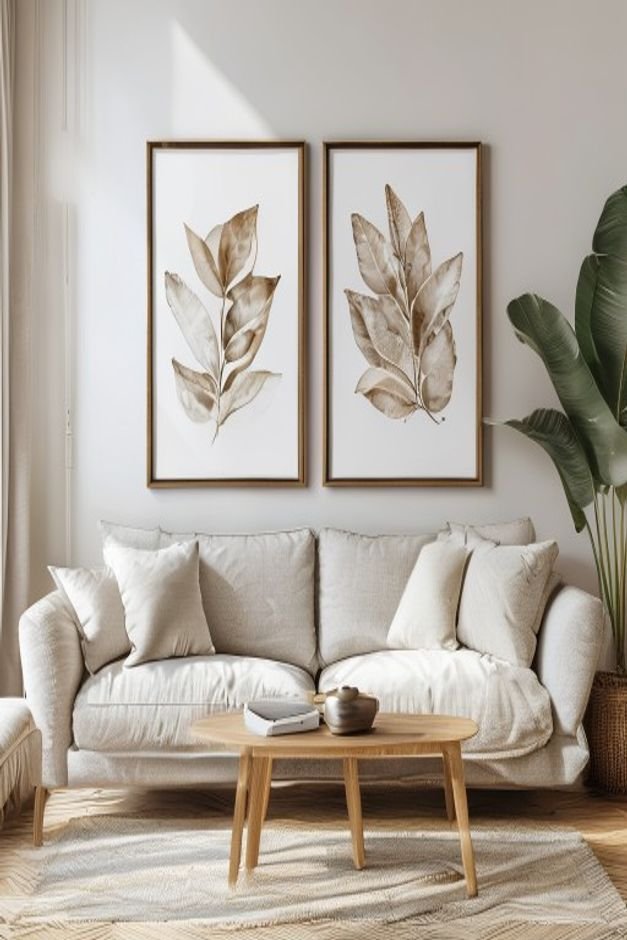 A transitional living room A comfortable sofa with a pair of large identical framed botanical prints hung side-by-side a