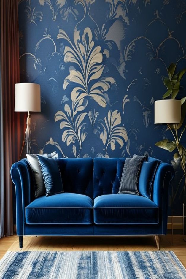 A chic living room A deep blue velvet sofa contrasted with a bold graphic wallpaper on the wall behind it No additional