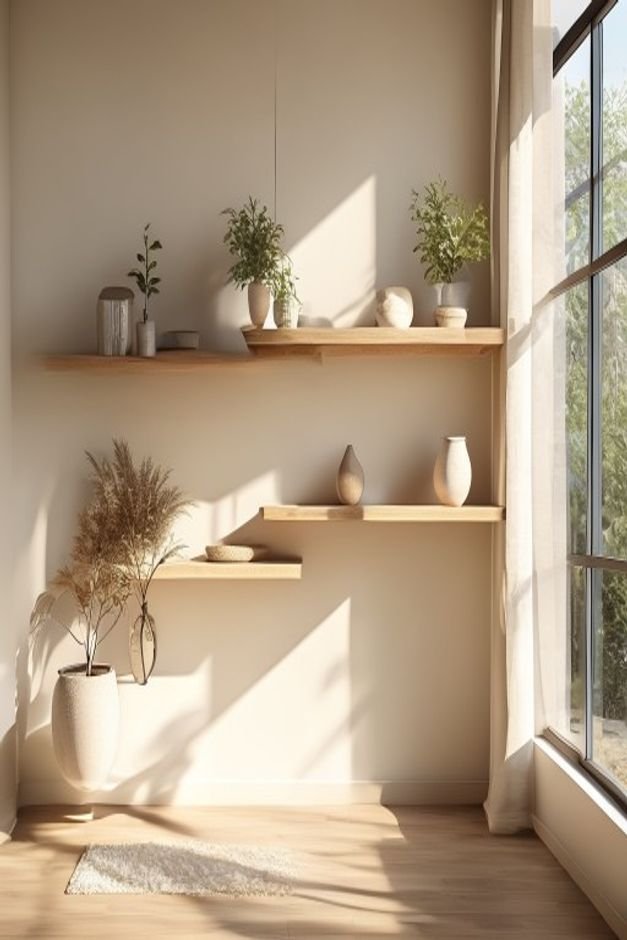 Editorial home photo for 10. Use Floating Shelves for Display, natural light, realistic styling, no text overlay
