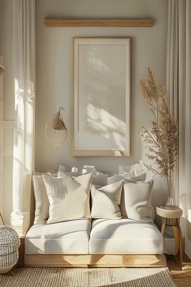 Editorial home photo for Crafting Your Perfect Above Sofa Display, natural light, realistic styling, no text overlay