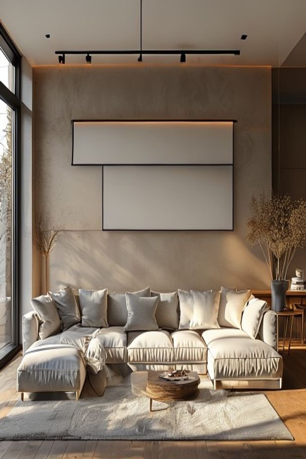 A wide-angle shot of a living room focusing on a large sectional sofa Above it a single horizontally oriented piece of a