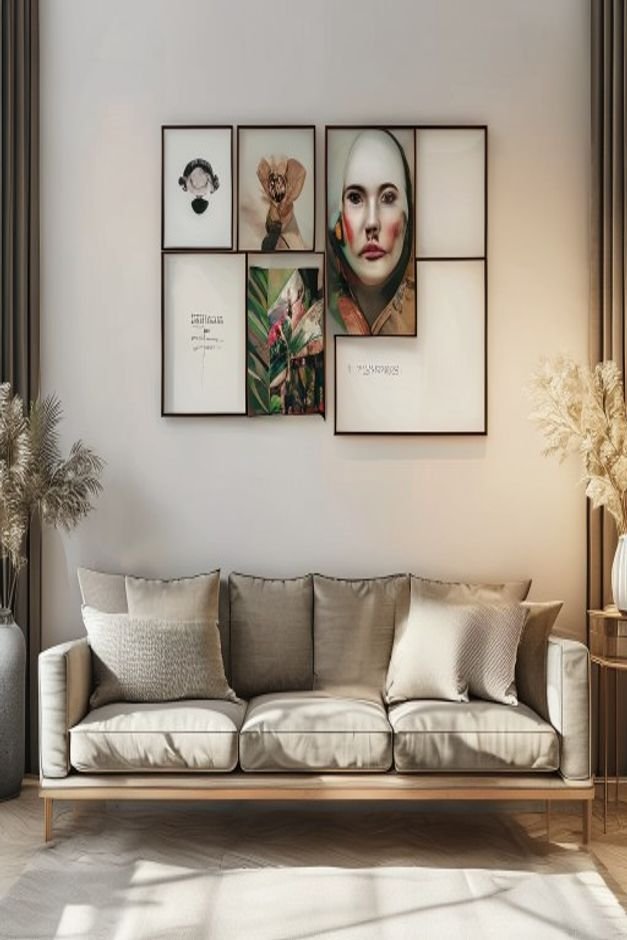A close-up editorial shot of a meticulously arranged gallery wall above a three-seater sofa The arrangement includes var