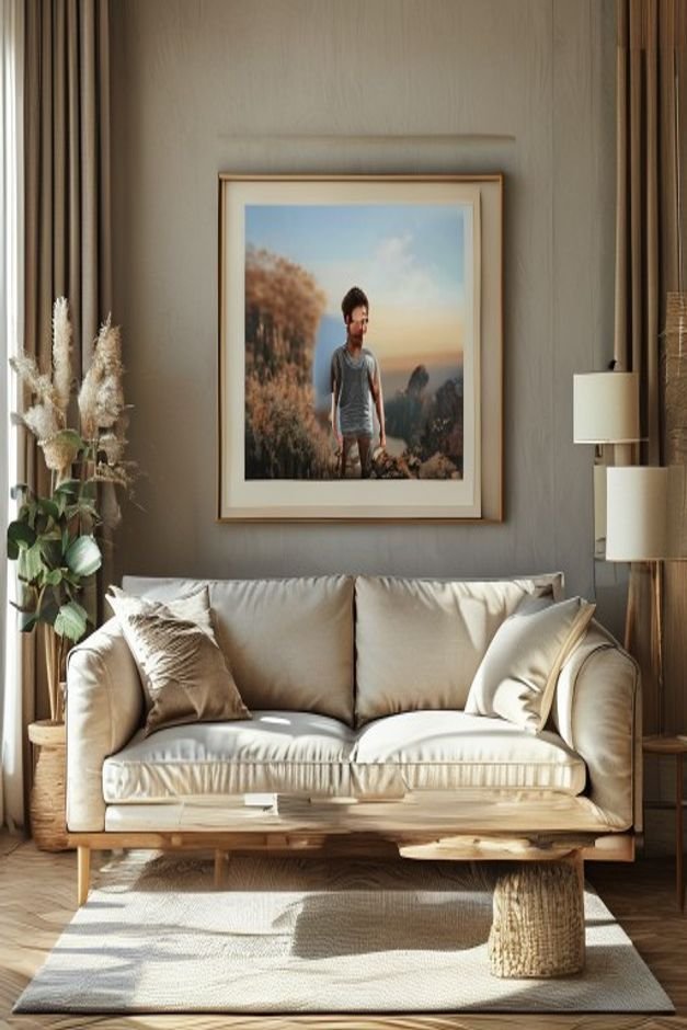 A side view of a living room showing a person standing next to a sofa Above the sofa a medium-sized framed photograph is
