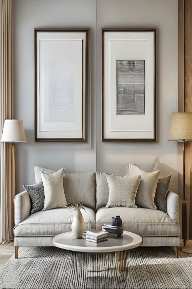 A split image or two distinct images One shows a perfectly symmetrical arrangement of two matching framed prints above a