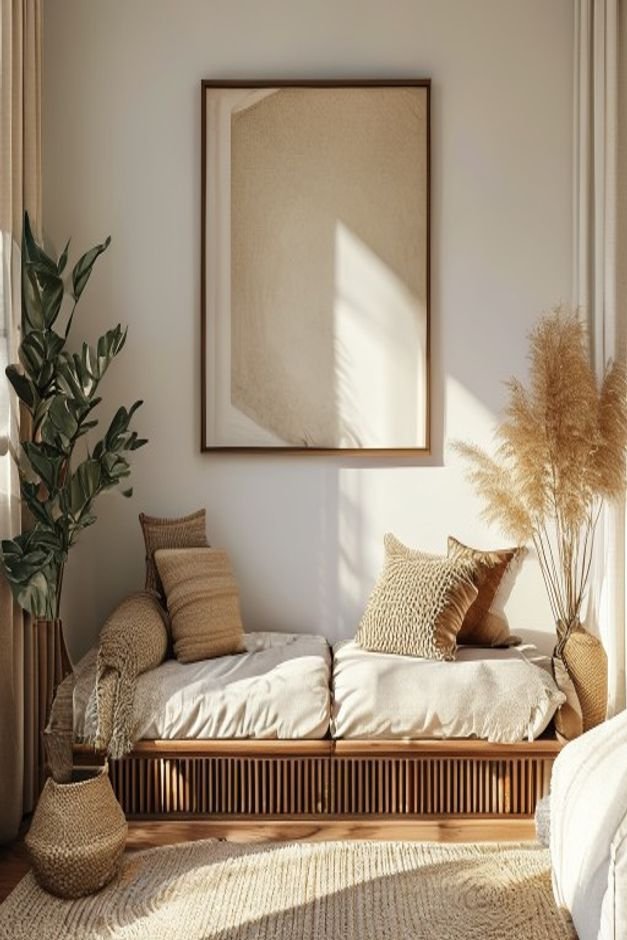 A detailed shot of an above-sofa display featuring a mix of materials a framed canvas a woven textile art piece and a sm