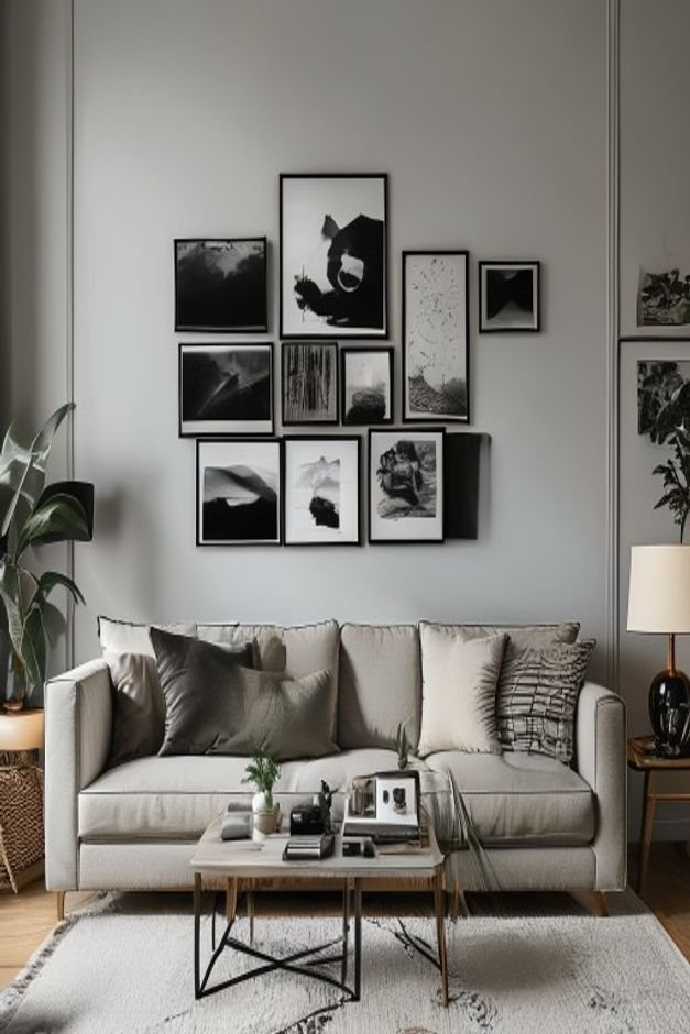 A wide shot of a thoughtfully curated gallery wall above a sofa It features a mix of black and white photography a small
