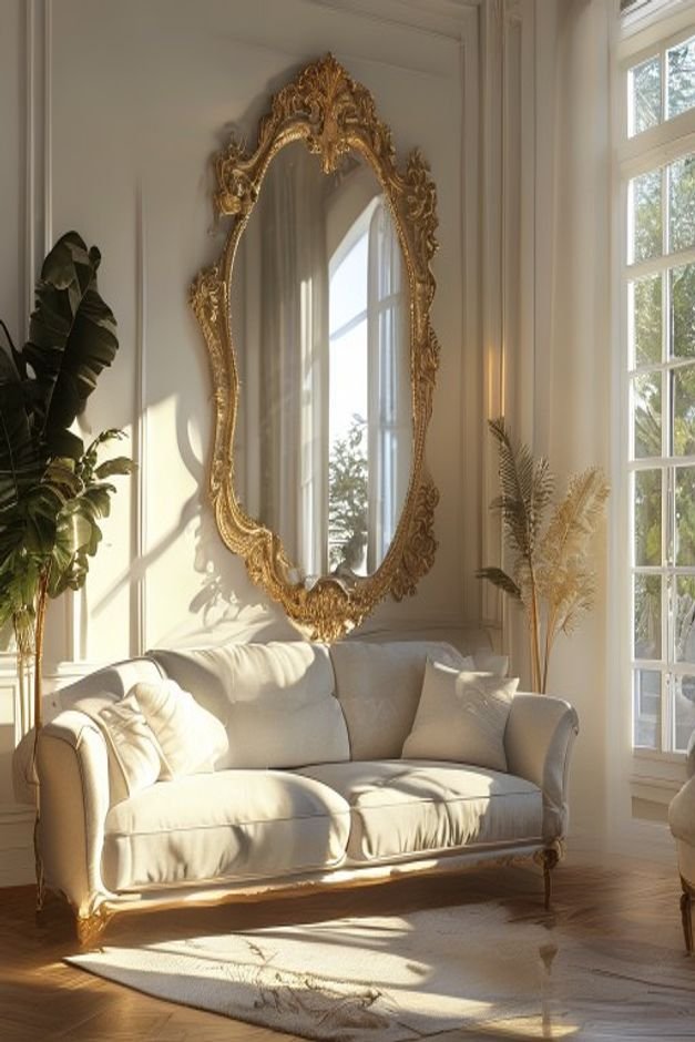 A bright living room with a large ornate mirror positioned above a sofa reflecting light from a window opposite The mirr