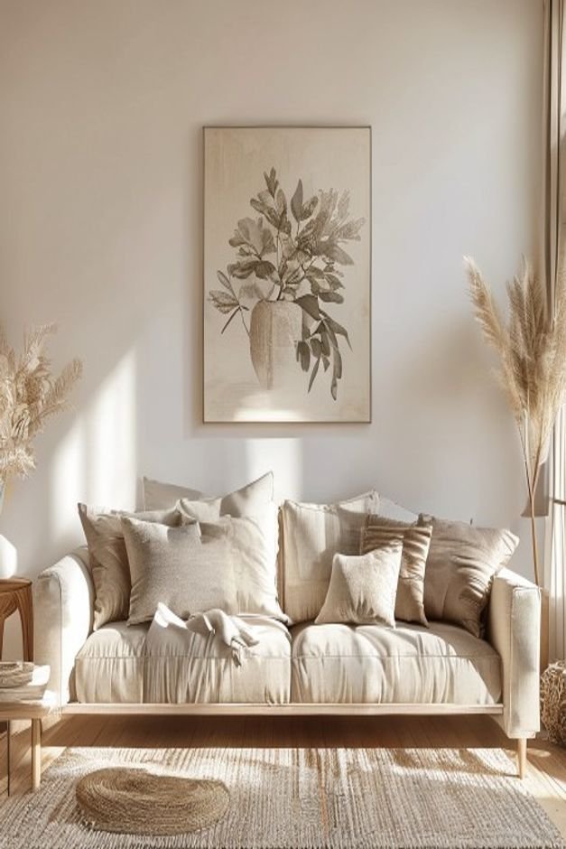 Editorial home photo for Mastering Your Above Sofa Wall Decor, natural light, realistic styling, no text overlay