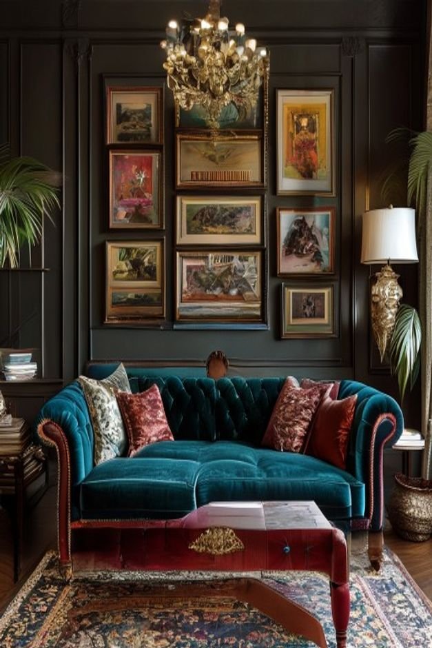 An eclectic living room featuring a vintage velvet sofa in a rich jewel tone Above the sofa a carefully curated gallery