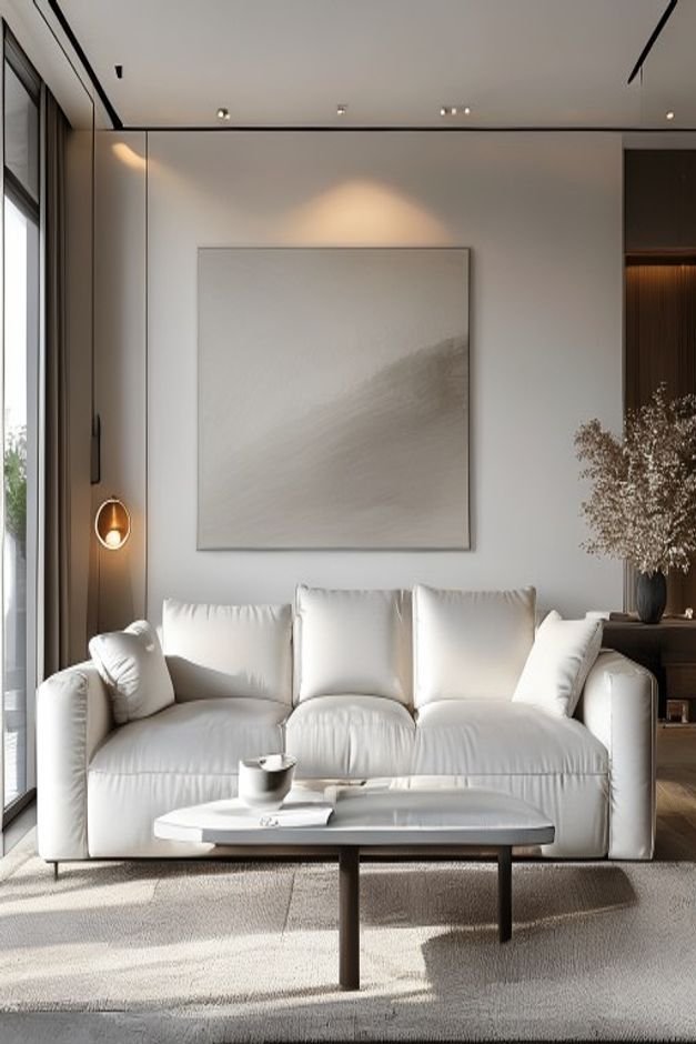 A contemporary living room with a sleek low-profile white leather sofa Centered above it is a large bold piece of contem