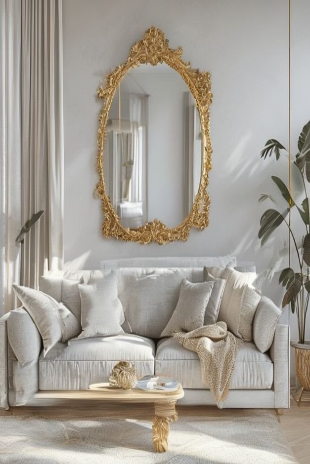 A bright airy living room with a light gray linen sofa Above the sofa a large ornate gilded mirror reflects the natural