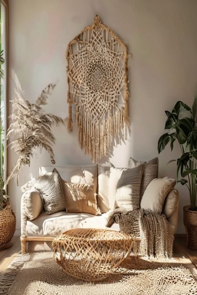 A bohemian-inspired living room with a natural-toned woven sofa Above it a large intricate macrame wall hanging with fri