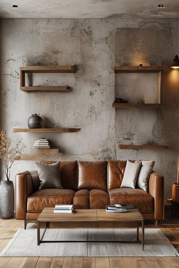 A modern rustic living room with a comfortable leather sofa Above the sofa two symmetrical floating shelves made of recl