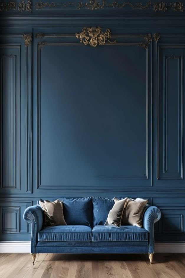 A classic living room with a deep blue sofa against a wall featuring elegant wainscoting and crown molding Above the wai