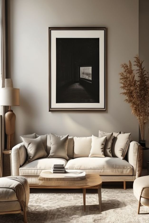 A sophisticated living room with a structured beige sofa Above the sofa a large framed black and white photograph is hun