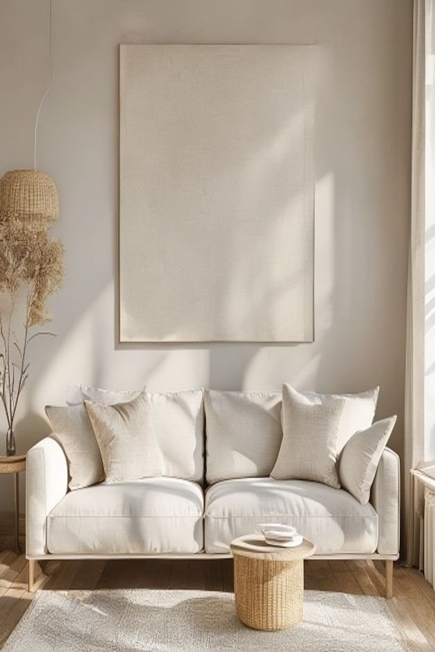 Editorial home photo for A Balanced Conclusion for Above Sofa Wall Decor, natural light, realistic styling, no text overlay