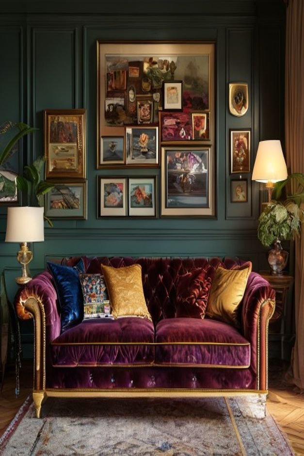 An eclectic living room featuring a vintage velvet sofa in a rich jewel tone Above the sofa a carefully curated gallery