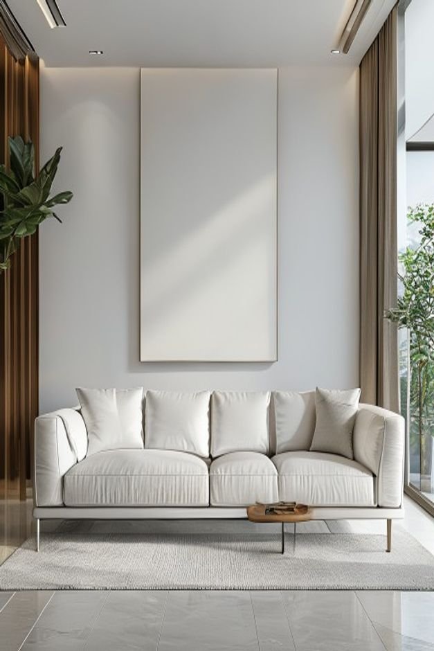 A contemporary living room with a sleek low-profile white leather sofa Centered above it is a large bold piece of contem