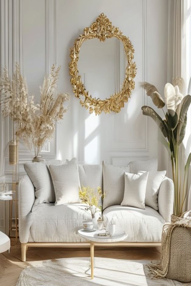 A bright airy living room with a light gray linen sofa Above the sofa a large ornate gilded mirror reflects the natural
