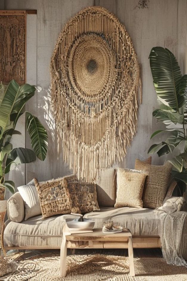 A bohemian-inspired living room with a natural-toned woven sofa Above it a large intricate macrame wall hanging with fri